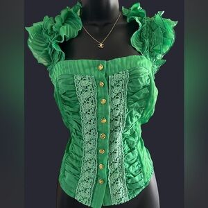 Chic Green Button-Up Blouse with Lace Accents